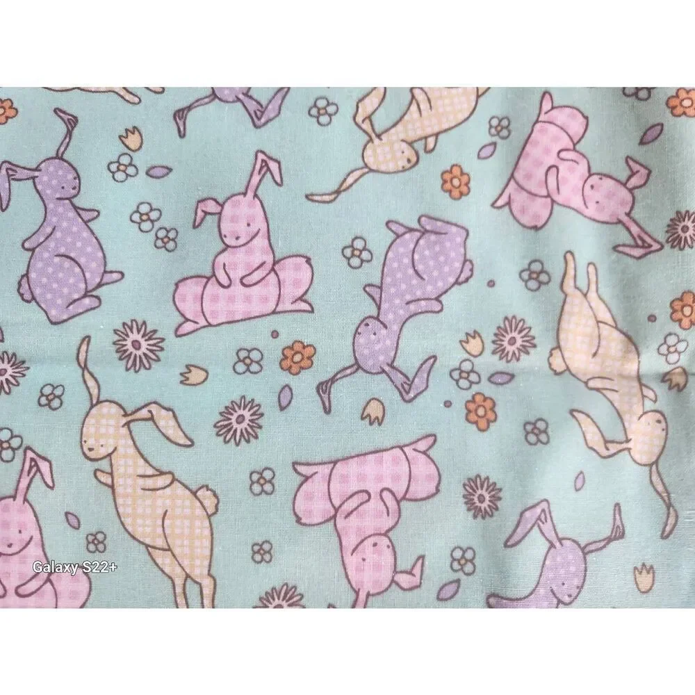 Bunny rabbit fabric green pink & purple pastel colors Baby blankets sewing craft
